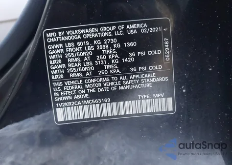 2021 Volkswagen Atlas 3.6L V6 Se W/Technology из США, поврежденный, VIN 1V2KR2CA1MC563169